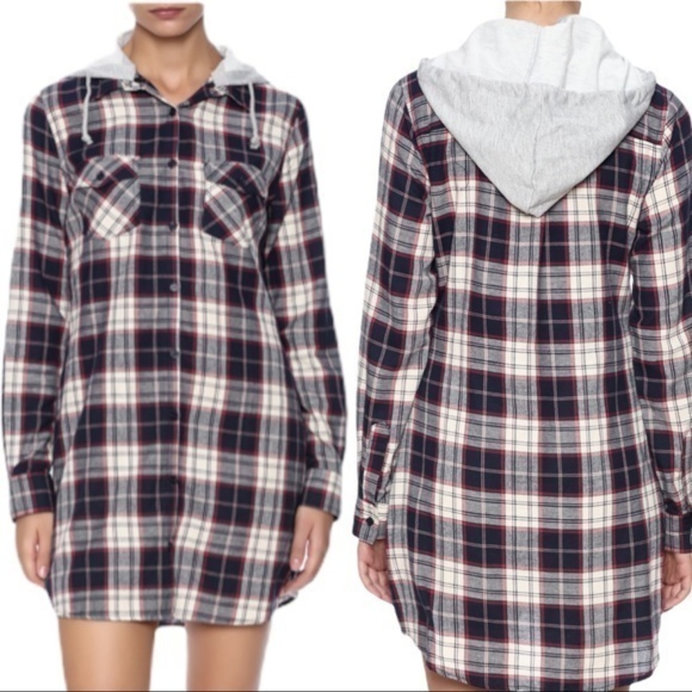 LOVE TREE Check Plaid Flannel Adjustable Hoodie Dress Small